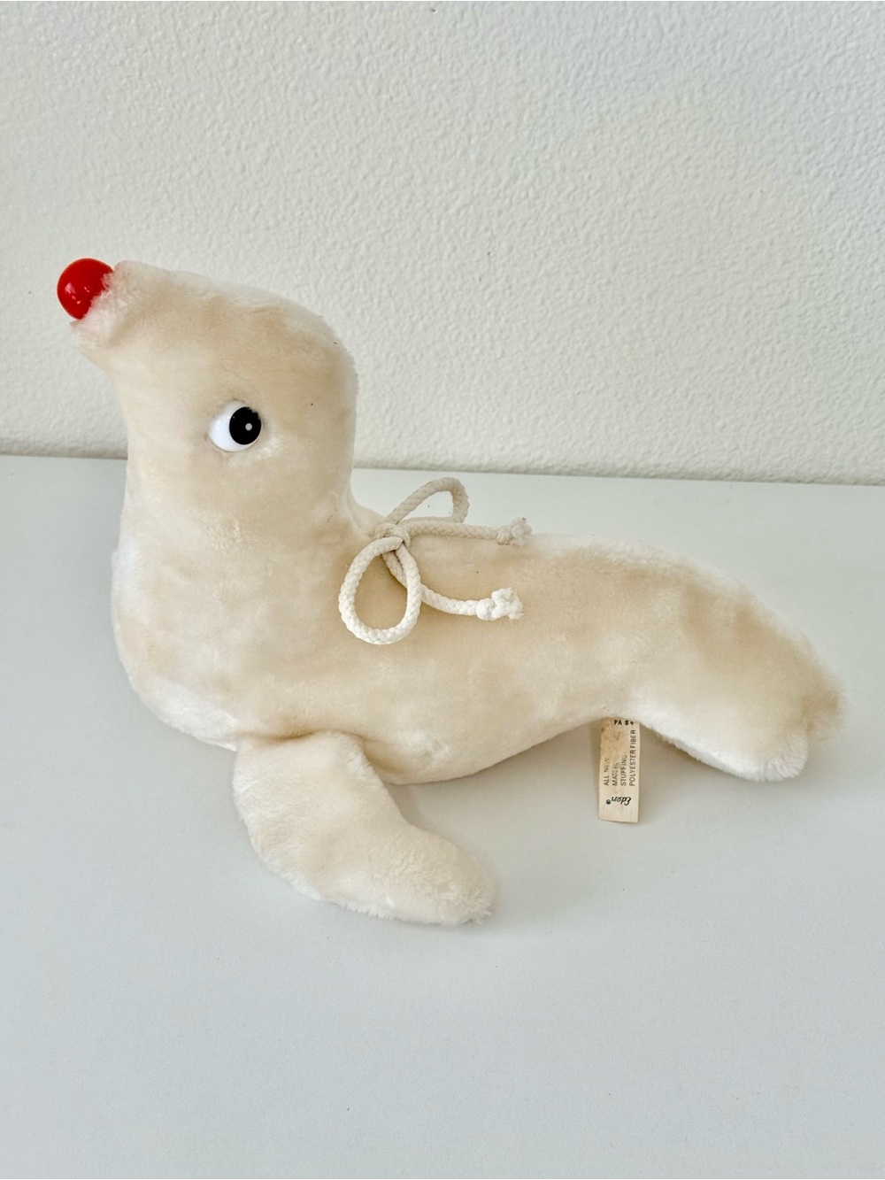 Vintage Eden Toys White Seal Plush Red Nose Rope Bow Stuffed Animal Korea Rare